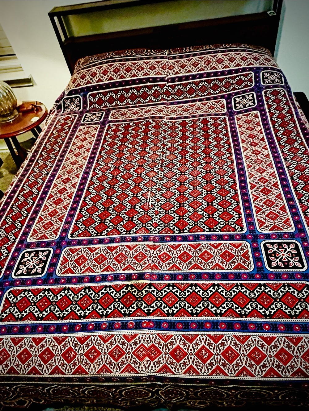 Sindhi Ajrak Folk Art Blanket Throw Bedspread Poppy Floral Geometric Pattern